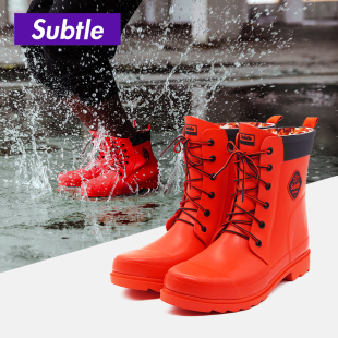 Subtle Rain新品防水鞋防滑橡胶时尚男女中筒情侣马丁雨鞋套雨靴