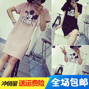 2016夏装韩版女装卡通米奇印花大码宽松中长款短袖t恤体恤裙