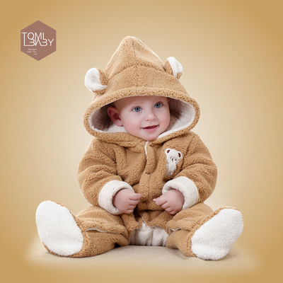 有机棉宝宝爬服新生儿哈衣羊羔绒带帽连身衣3D开档婴儿连体衣加厚