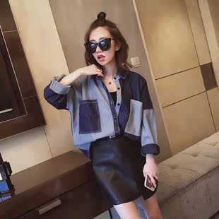 秋季新款2016韩版牛仔外套女装宽松显瘦长袖拼色口袋外套披肩上衣