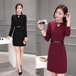 2016秋装新款韩版时尚连衣裙女装气质修身长袖中长款包臀打底裙子