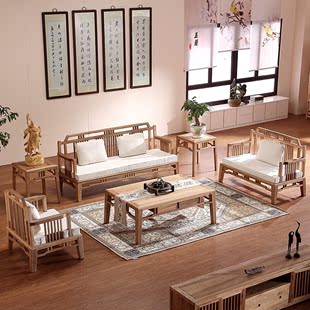 新中式实木家具 榆木免漆禅意新古典明清仿古沙发组合联邦罗汉床