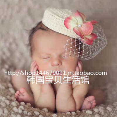 欧美大牌复古网纱钉珠花朵女宝宝百天照帽子新生儿婴儿摄影道具