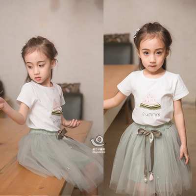 夏季女童套装裙子韩版中大童短袖公主纱裙纯棉T2件套儿童半身裙
