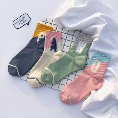 韩国进口新款字母袜子少女心糖果撞色优质纯棉中筒袜时尚条纹袜