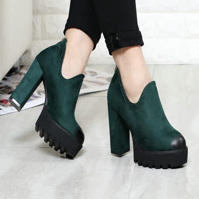 马丁靴女绿色绒面擦色加绒欧美保暖靴子女靴冬季高跟圆头粗跟短靴