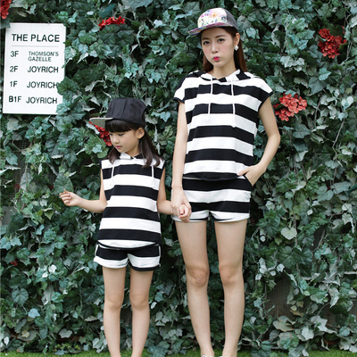女童t恤短裤套装亲子装夏2016新款韩国纯棉条纹短袖两件套母女装