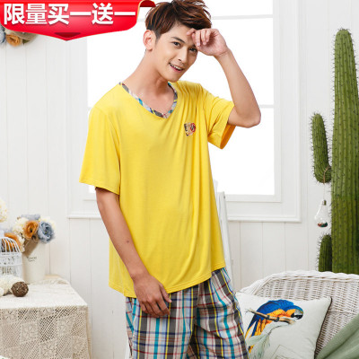 夏季韩版男士短袖纯棉睡衣沙滩短裤格子休闲大码可外穿居家服包邮