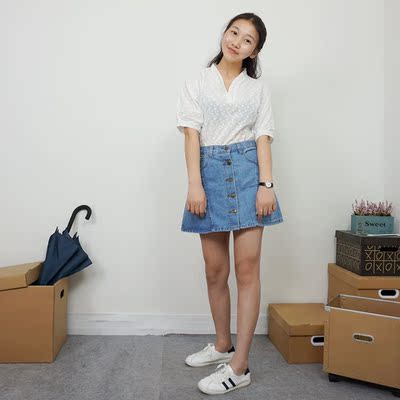 【cerulean】韩国纯白色百搭蕾丝甜美气质套头短袖衬衫 女小清新