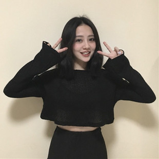 LGGDJDZ韩国chic小众 纯色 喇叭袖 短款露腰 透视针织衫