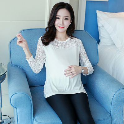 2017春装韩版孕妇白色长袖t恤大码短款修身拼接蕾丝打底衫上衣女