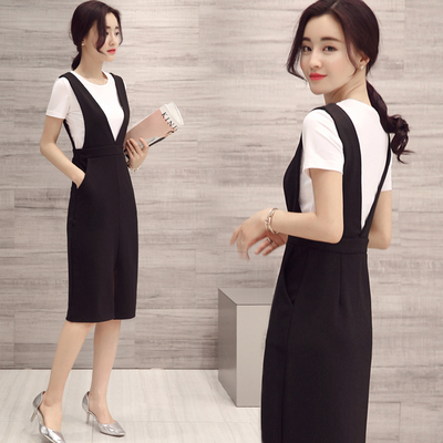 韩版新款女装夏季背吊带裙修身中长款两件套装连衣裙学生短袖T恤