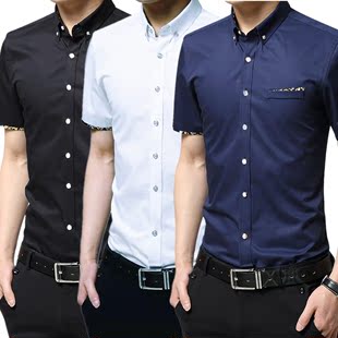 【特价】夏季男式韩版商务绣花短袖衬衣时尚立领休闲修身印花衬衫