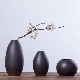 日式简约粗陶花器 景德镇陶瓷花瓶创意摆件三件套装 软装饰品花插
