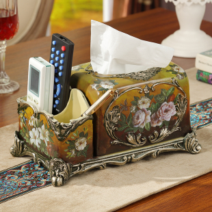 欧式美式创意树脂抽纸盒手绘奢华多功能纸巾盒复古家居装饰摆件