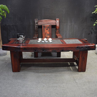 帅府老船木家具茶桌椅组合功夫茶台实木休闲茶几简约小茶艺桌2.2m