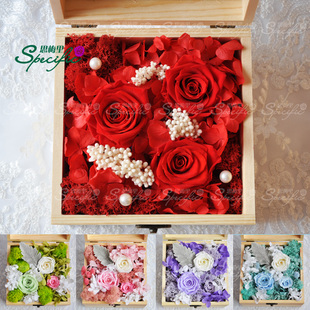 红玫瑰永生花保鲜花实木透明礼盒父亲节七夕求婚生日礼物可定制