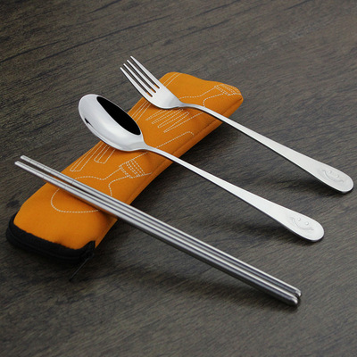 旅游户外便携餐具套装不锈钢筷子勺子叉三件套旅行野营野餐包用品