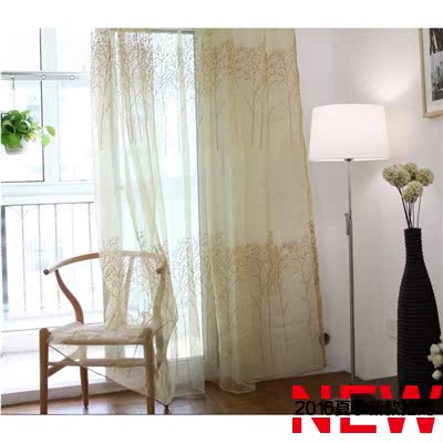 米色树叶刺绣窗纱麻纱现代美式田园客厅卧室窗纱纱帘成品定制森林