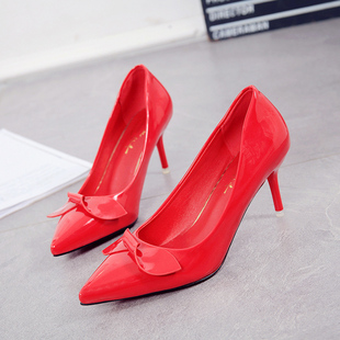 秋季新款单鞋女浅口蝴蝶结中跟尖头细跟7cm性感舒适红色高跟女鞋