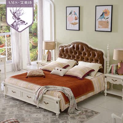 美式软包床 欧式实木双人床 白色真皮软靠1.5/1.8米储物床
