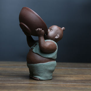 包邮宜兴紫砂茶宠雕塑摆件气吞山河大碗茶童子小和尚创意有趣励志