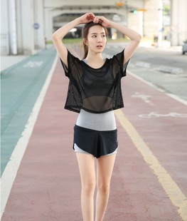 韩国新款瑜伽服套装三件套夏女修身背心网纱罩衫运动短裤健身套装