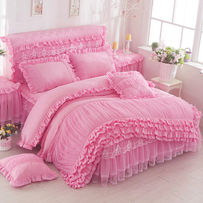 韩版公主纯色蕾丝床裙床罩式四件套纯色磨毛花边被套床套1.5/1.8m