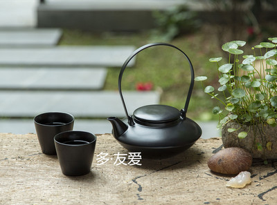 陶瓷哑黑色名士工夫茶具组合三件套套装高档家庭软装饰时尚实用品
