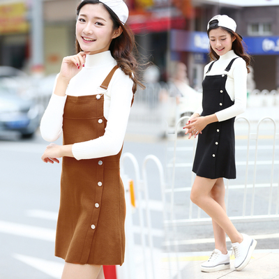 2016时尚韩版秋冬季新款螺纹针织吊带背带打底修身显瘦连衣裙女士