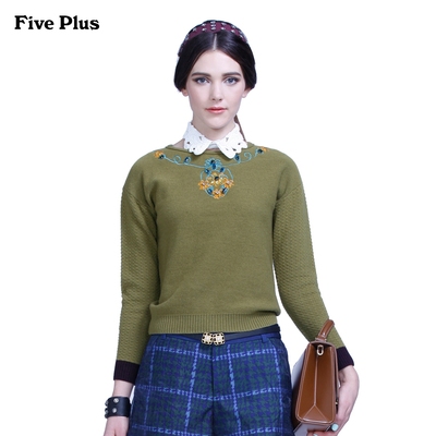 【换季狂欢】Five Plus新女秋装刺绣闪钻薄套头针织衫2143032500