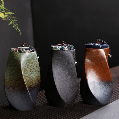 创意粗陶茶叶罐大号密封罐复古储物罐陶瓷摆件花瓶花器通用醒茶罐