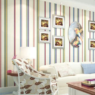 墙纸 卧室美式乡村英伦儿童房彩色竖条纹纯纸壁纸 客厅背景墙