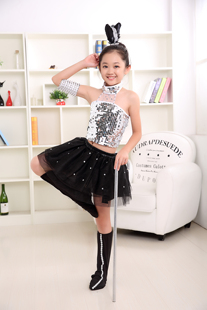 3—15岁儿童亮片爵士舞演出服现代舞黑色蓬蓬裙表演服女童街舞服