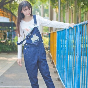 日系软妹学院风韩版韩国柠檬猫咪口袋刺绣可爱少女学生牛仔背带裤