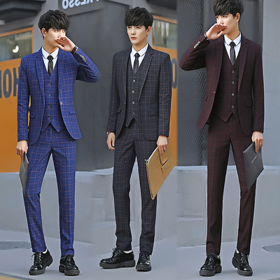 休闲西装男套装修身韩版英伦风格子西服套装男青年三件套学生帅气