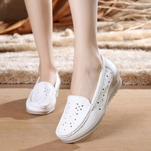真皮护士鞋白色坡跟平底浅口圆头休闲鞋防滑舒适软底透气夏季单鞋