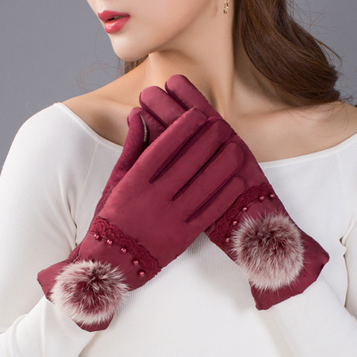 秋冬季女式棉手套加绒加厚触屏防滑手套户外骑开车羽绒棉分指手套