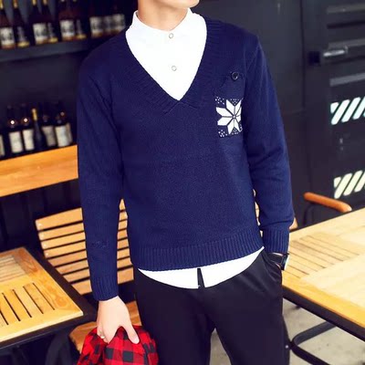 秋季新品男生针织毛衣 青年韩版V领羊毛衫 学生修身外套长袖卫衣