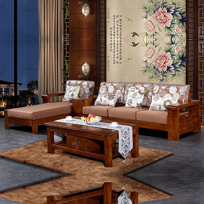 实木沙发新中式橡木沙发木质全实木沙发组合贵妃转角布艺客厅家具