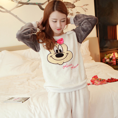 秋冬季韩版时尚可爱卡通米奇珊瑚绒睡衣女学生加厚休闲家居服套装