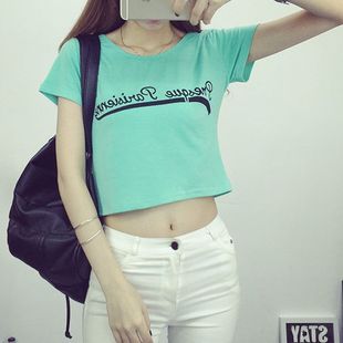 韩版字母简约宽松显瘦短袖T恤女夏韩范学生超短款露脐上衣打底衫