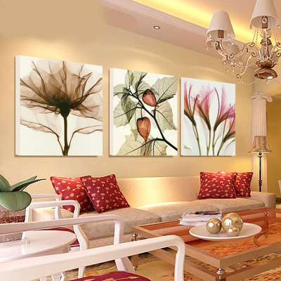 客厅装饰画 现代简约三联壁画 沙发背景墙挂画透明花卧室无框画