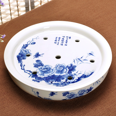 青花瓷 储水茶盘 双层单盘新款陶瓷茶盘厂家直销茶具套装特价包邮