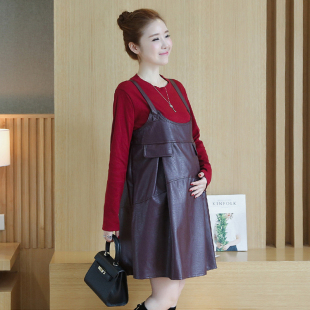 秋冬季装韩版孕妇长袖针织上衣+背带PU皮裙气质潮妈两件套可调节