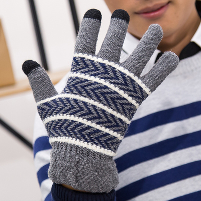 新款男士手套毛线秋冬季户外骑车保暖加厚棉手套五指针织触屏手套