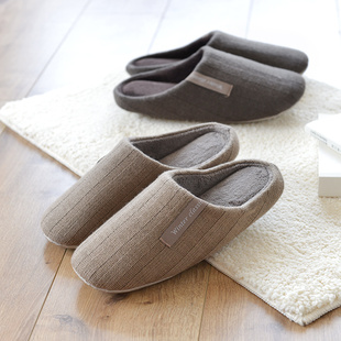 男女士家居日式素色针织居家情侣静音地板室内秋冬天棉拖鞋