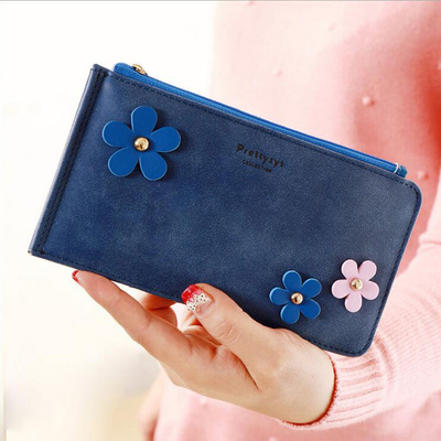 新时尚韩版女士钱包长款多卡位小清新三朵花拉链大容量卡包手机包