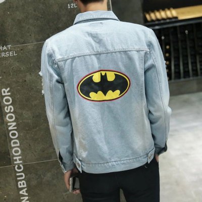 春季新款韩版青年日系学生修身复古破洞蝙蝠侠印花牛仔外套男夹克