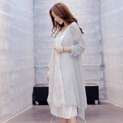 夏季韩版时尚中长款长袖女气质棉麻A字裙两件套